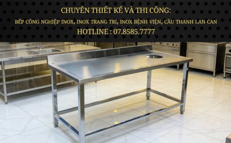 Bàn Inox 1 tầng có lỗ xả rác, có gáy
